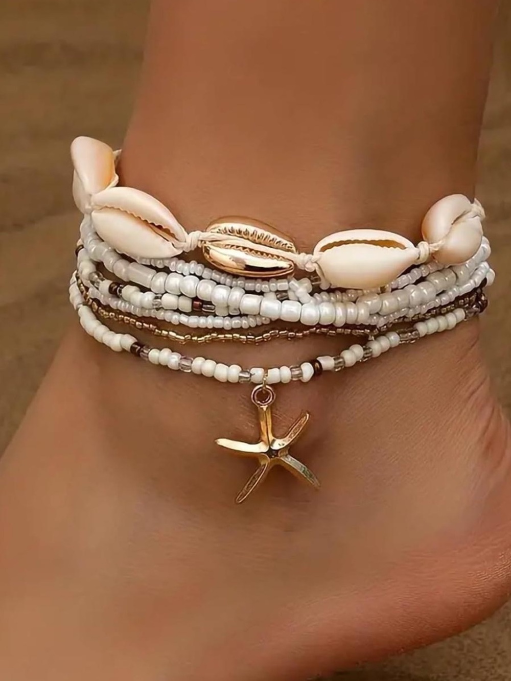 Anthropologie White & Gold Multi-Layer Shell Bracelet with Starfish Charm